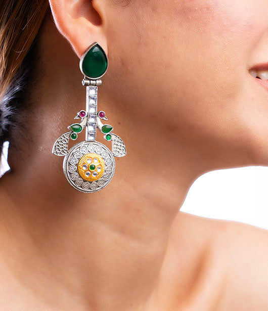 Silver and Gold Ethnic Drop Earrings with Gemstone Accents