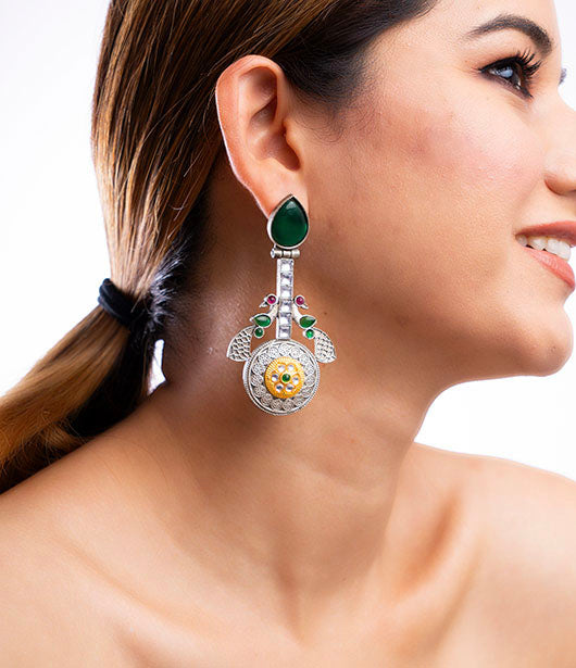 Silver and Gold Ethnic Drop Earrings with Gemstone Accents