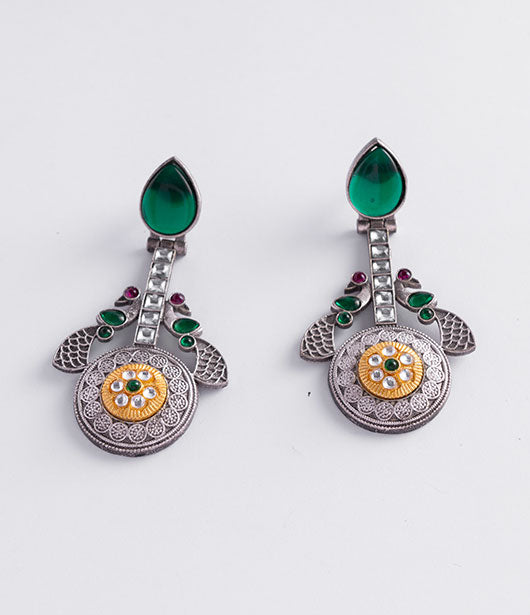 Silver and Gold Ethnic Drop Earrings with Gemstone Accents