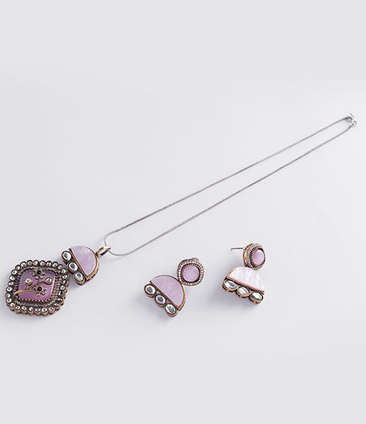 Pink Stone and Pearl Chain Pendant Set