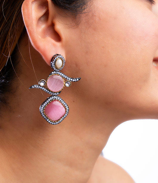 Pink and Pearl Geometric Drop Earrings