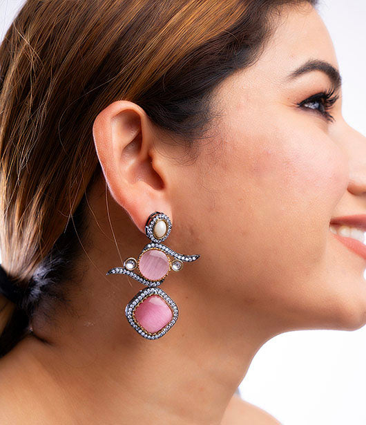 Pink and Pearl Geometric Drop Earrings