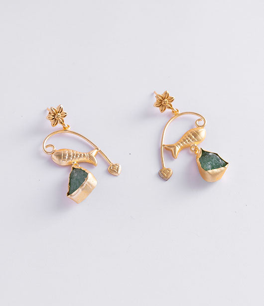 Gold-Toned Fish and Gemstone Statement Earring