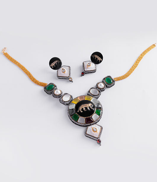 Multi-Stone Elephant Motif Necklace Set