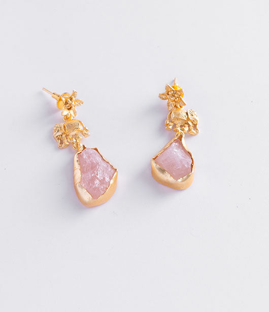 Gold Elephant and Quartz Drop Earrings