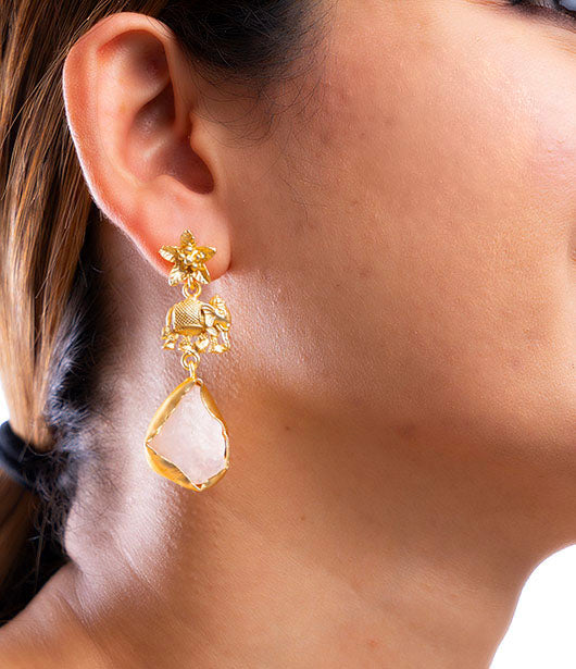 Gold Elephant and Quartz Drop Earrings