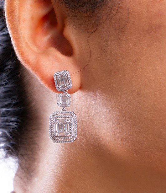 Triple Emerald-Cut American Diamond Drop Earrings