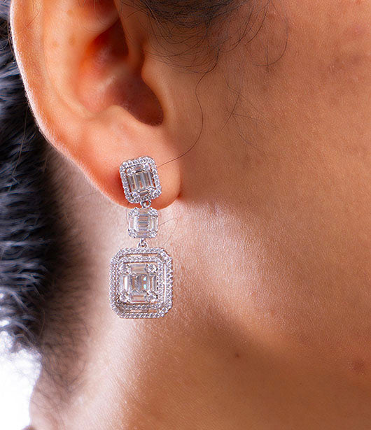 Triple Emerald-Cut American Diamond Drop Earrings