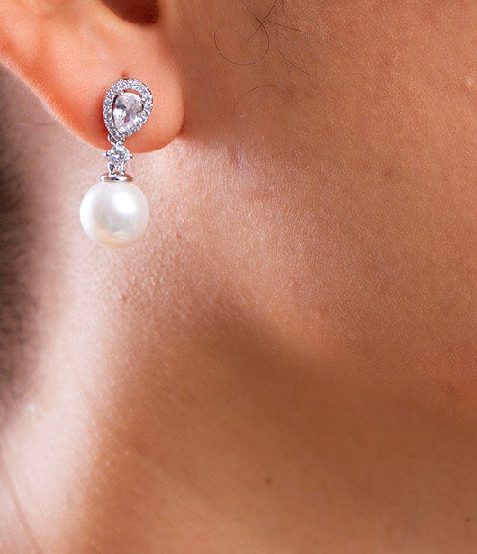 Teardrop American Diamond and Pearl Drop Earrings