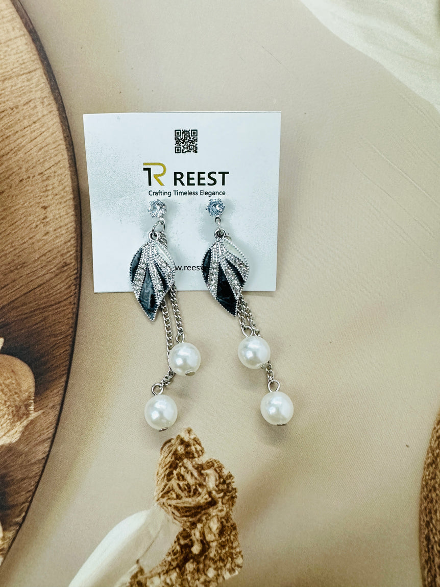 Leaf-Inspired Drop Earrings with Pearl Accents